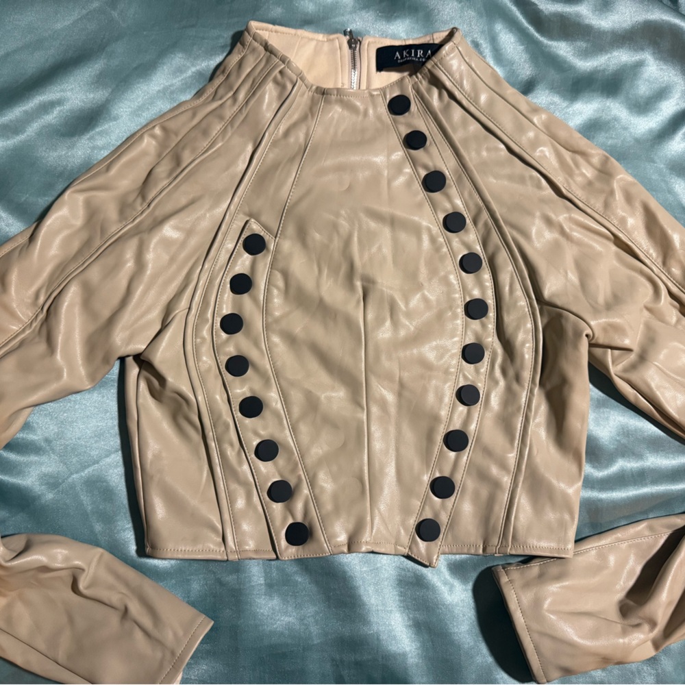 Zara Beige Faux Leather Top with Black Buttons